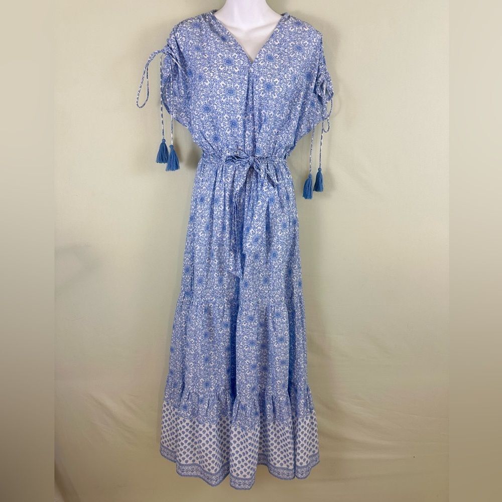 Pia Rossini Blue White Bohemian Flowy Summer Vacation Maxi Dress Cover Up